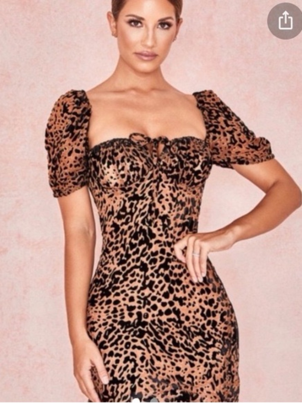 House of CB Athena Leopard Print Puff-Sleeve Crop Top in Brown & Black Small